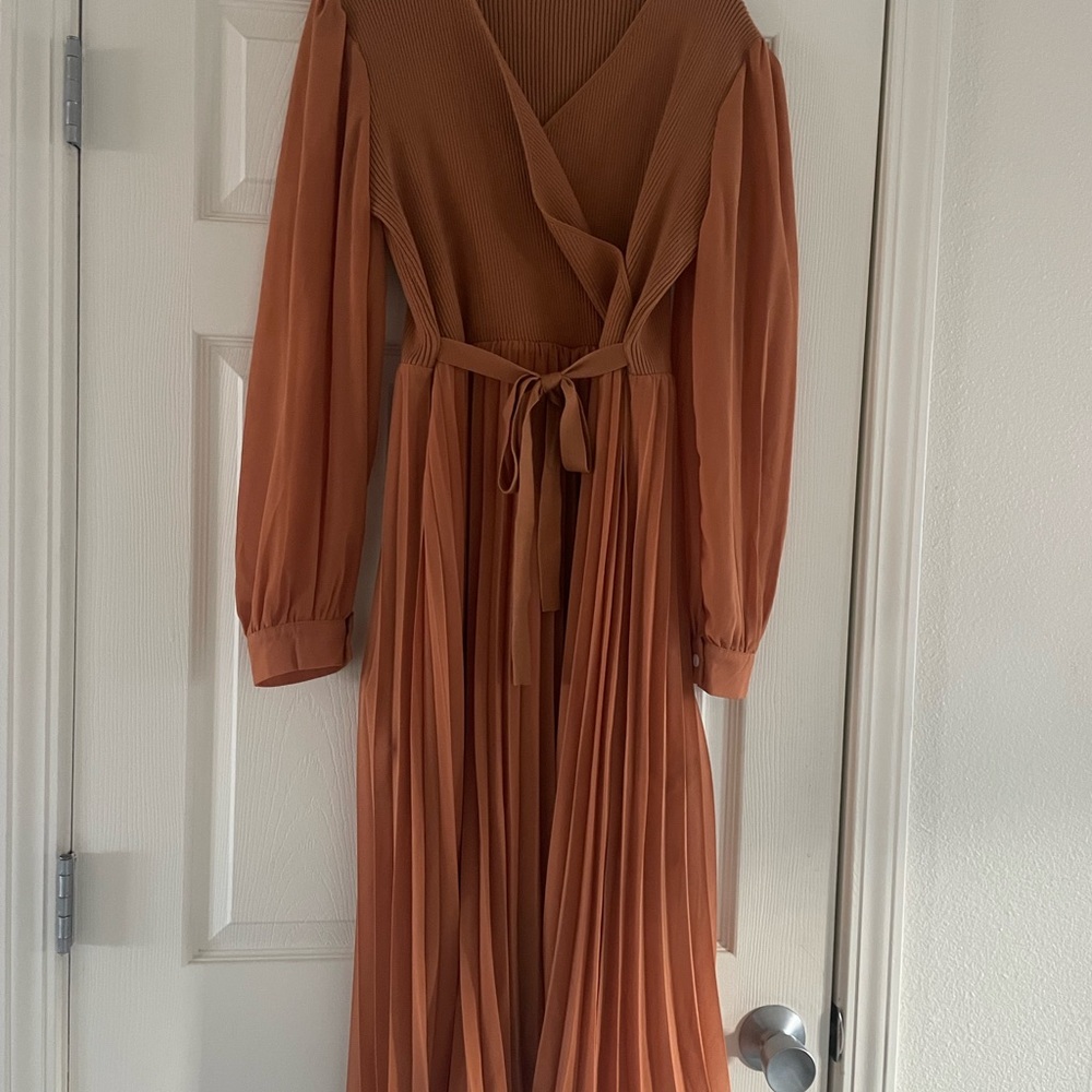 Chic Wish Knit Spliced Self-Tie Pleated Wrap Midi Dress
